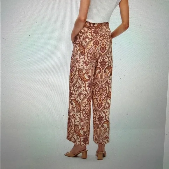 Melanie Lyne sz 14 Wide leg flowy cropped pants w paisley print brown pink gold - Picture 2 of 14